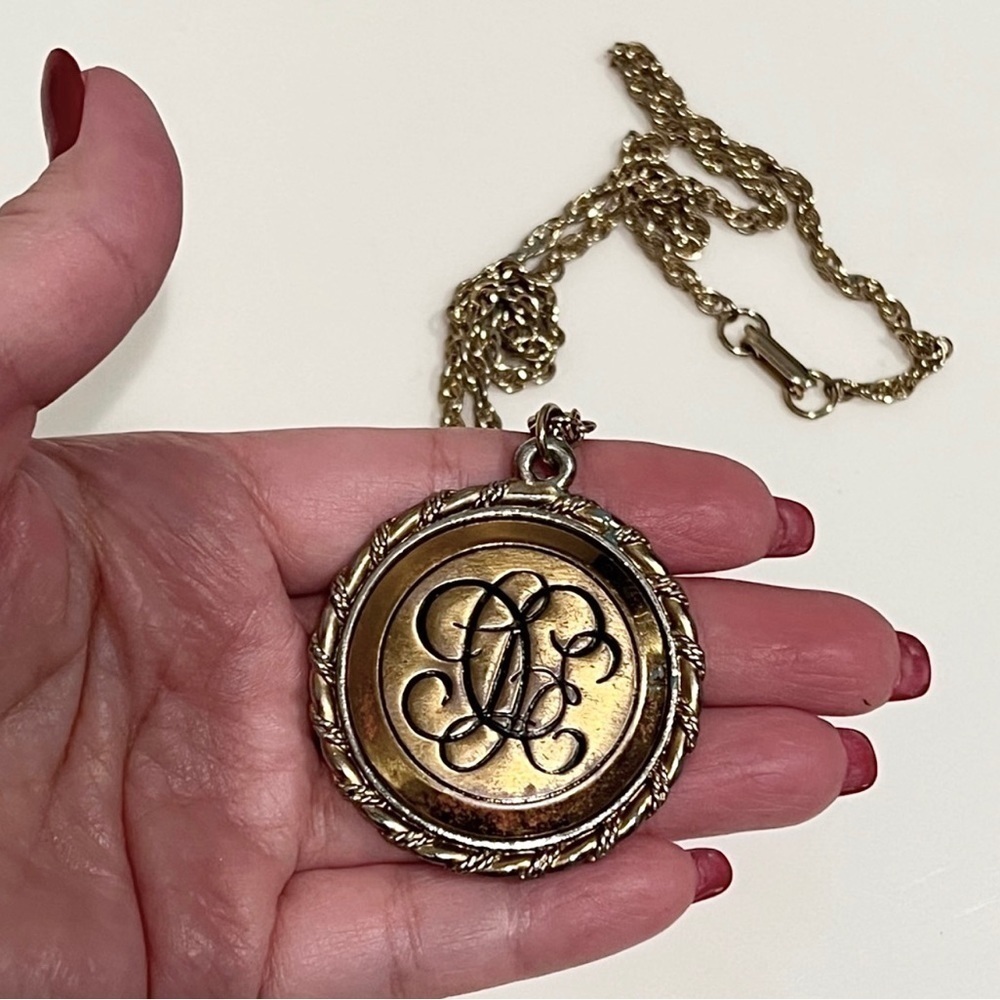 Antique Doublesided Monogrammed mirror necklace, Estate Jewelry 11.5”L